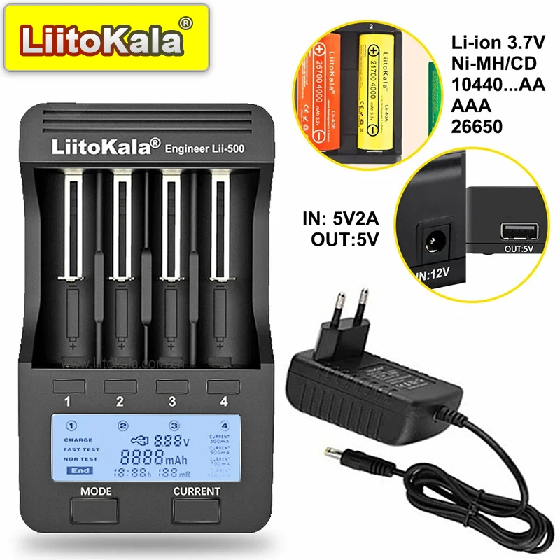 LiitoKala Lii-500 3.7V 3.85V Li ion 1.2V Ni MH rechargeable LED display 0.3A 0.5A 0.7A 1.0A 12V2A 18650 Smart Charger USB output battery charger