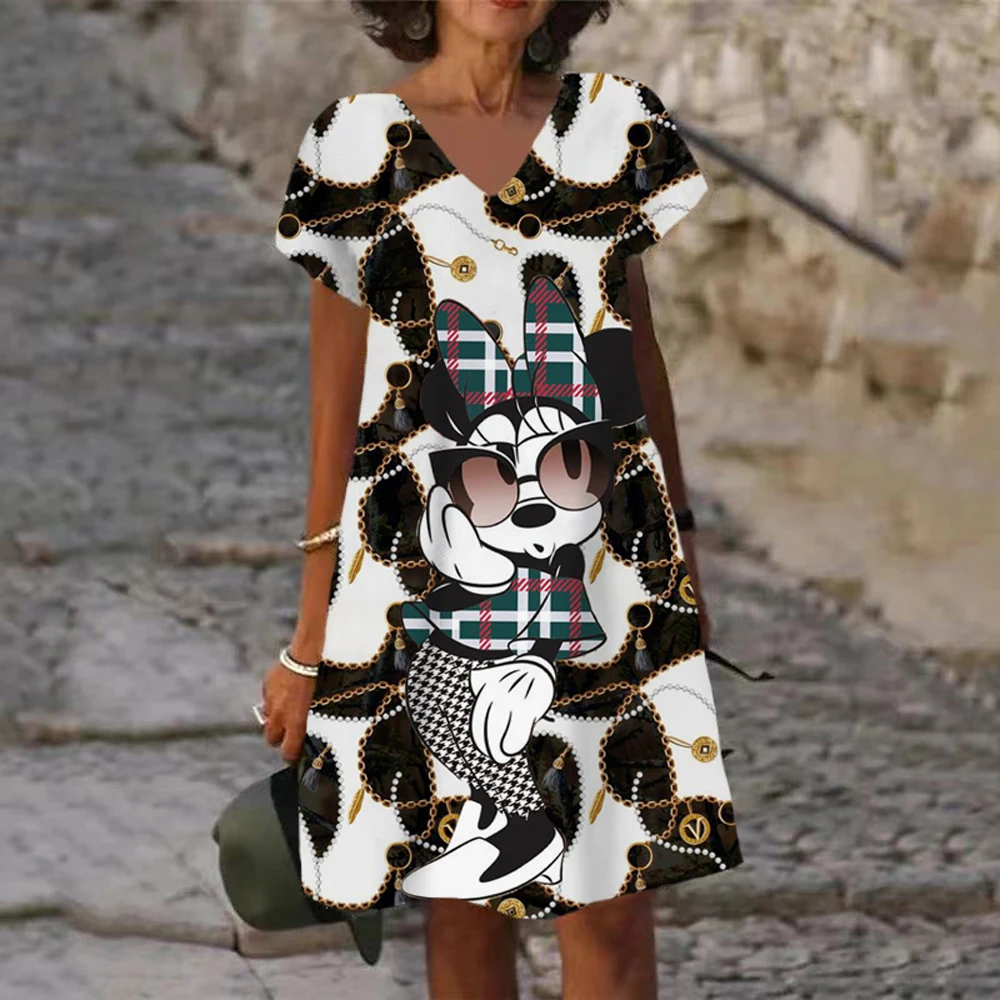 

Disney Minnie Mickey Mouse Summer Boho Dress Fashion Casual V-neck Midi Dresses Elegant Beach Party Dress For Women Femme 2022