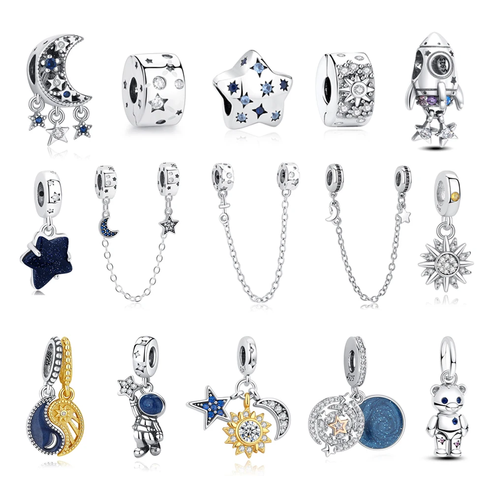 New Original 925 Sterling Silver Charms Star Moon Blue Crystal Glass Beads Fit Brand Bracelets Necklaces Jewelry For Women