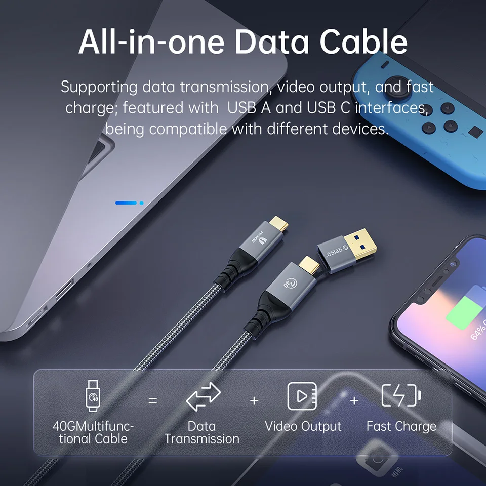 ORICO   ̾ ڵ, USB 3.0-USB C 극̵ , ƺ Ʈ 4 PS4 , 40Gbps USB C ̺, 8K @ 60Hz HD PD100W