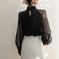 Spring Summer Black Polka Dots Mesh Women's Chiffon Blouses 2025 New Long Sleeve Stand Collar Vintage Loose Shirts Female - Image 4
