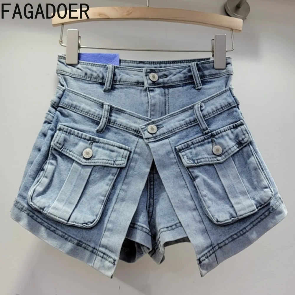 FAGADOER Fashion Y2K Denim Irregular Design Skirts Women High Waist Button Slim Shorts Skirts Summer New Matching Cowboy Bottoms oversized fall new arrival denim bottoms streetwear high stretchy holed tassels tights jeans casual bodycon cowboy pants skinny