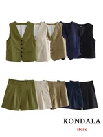 KONDALA Casual Women Suits 2 Pieces V Neck Buttons Vest Blazer+High Waist Wide Leg Shorts Fashion 2025 Summer Vintage Sets - Image 6