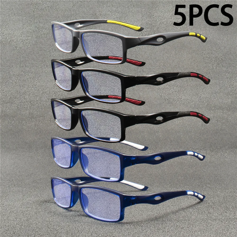 5PCS Sport Style Non-Prescription Reading Glasses Anti-Blue Light Rectangular Full Rim Eyewear, PC Frame Material