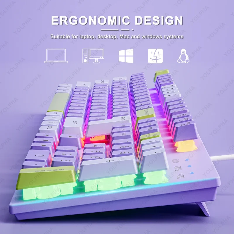 7 Colours Wired Keyboard 104 Keys Rainbow Backlit Office Gaming Keyboard QWERTY Layout Suspended Keys Square Cap Gaming Gear