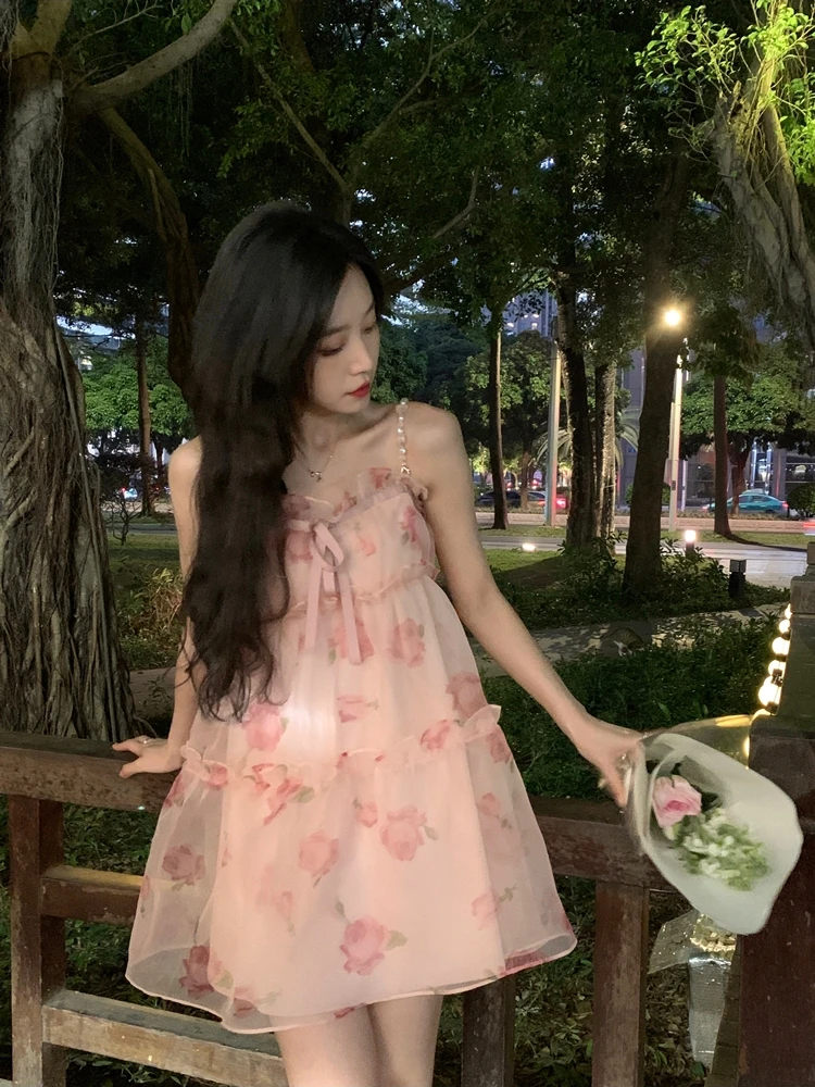 

Fairy Vintage Mini Strap Dress Lolita Kawaii Clothing French Elegant Short Party Dress Evening Women Sweet 2023 Summer Korean