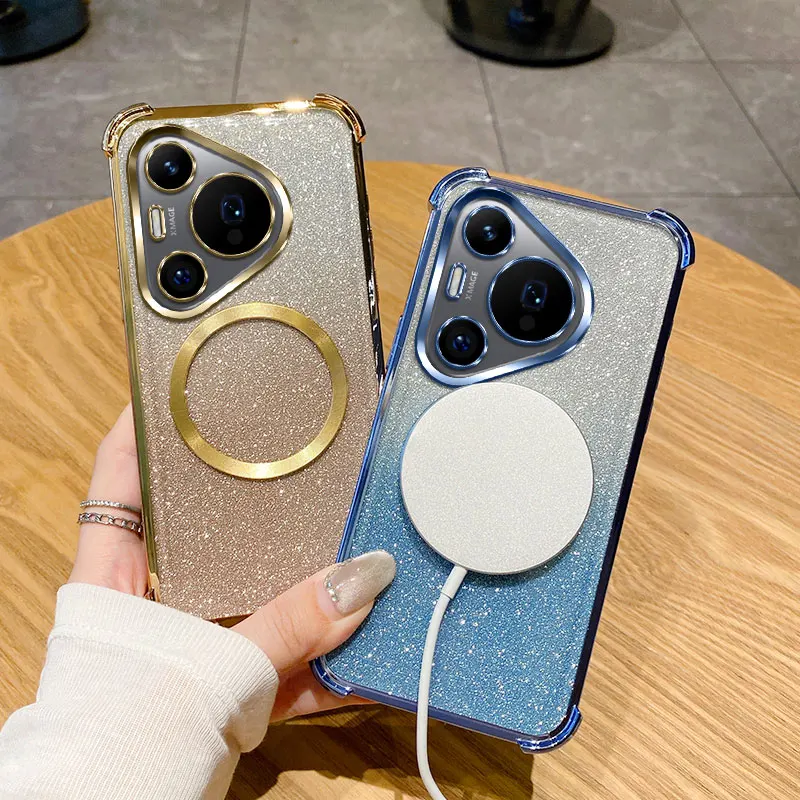 Coque de téléphone à anneau magnétique transparente antichoc pour Huawei Pura 70 Ultra P70 P60 P50 P40 P30 Pro Mate 60 50 40 Pro Plus Glitter Cover_voghion.com