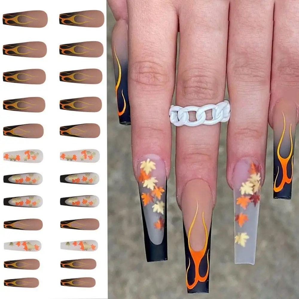 

French False Nails New Maple Leaf Flame Long Ballerina Nail Tips Retro Autumn Full Cover Fake Nails Women Girls