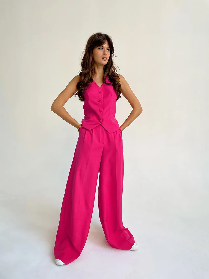 

Pink Elegant Blazer 2 Pieces Sets High Waist Wide Leg Pants Suits Button Vest Outfit Office Ladies Women Summer 2023 Rose Y2K