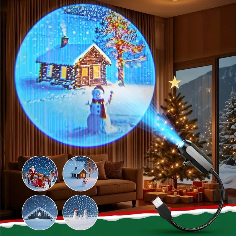 USB Christmas Projector Lights Bedroom Atmosphere Projection Decor 360° Rotating Night Light Creative Gift Holiday Ceiling Decor