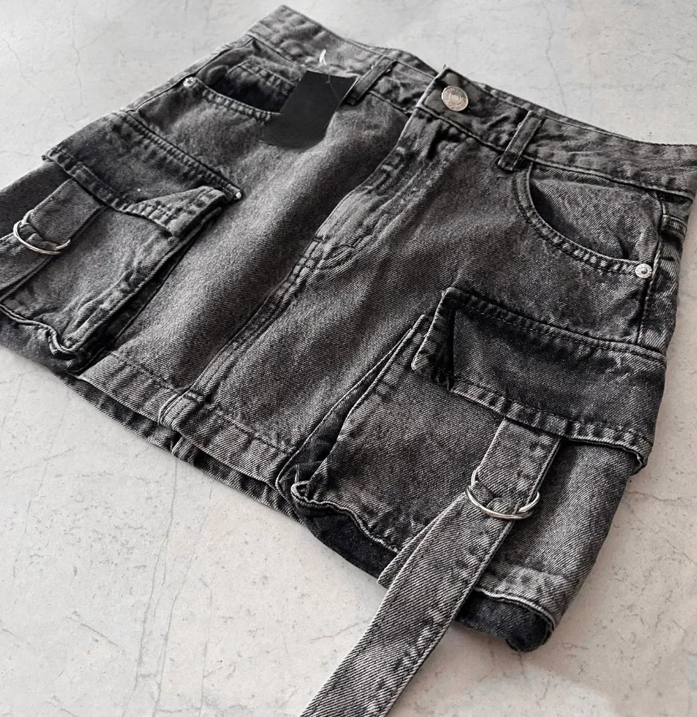 Harajuku Multiple Pockets Denim Plaid Skirt Vintage Goth Black Y2k Mini Skir Fashion Womens Casual Versatile Sexy Streetwear