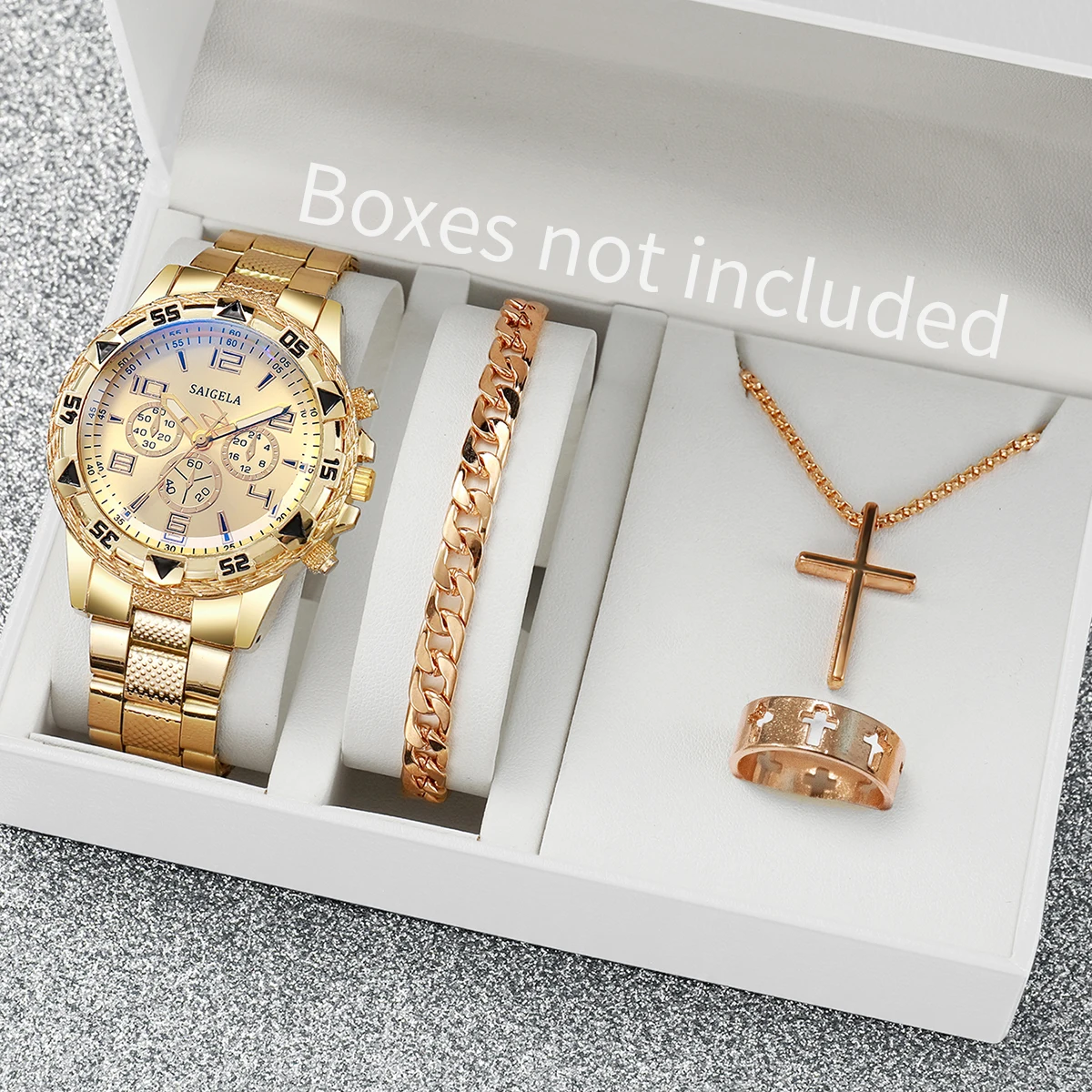 4PCS/Set Men's Watch Set Fashion Handsome Men's Hip Hop Style Business Quartz Watch with Bracelet, Necklace, Ring Set