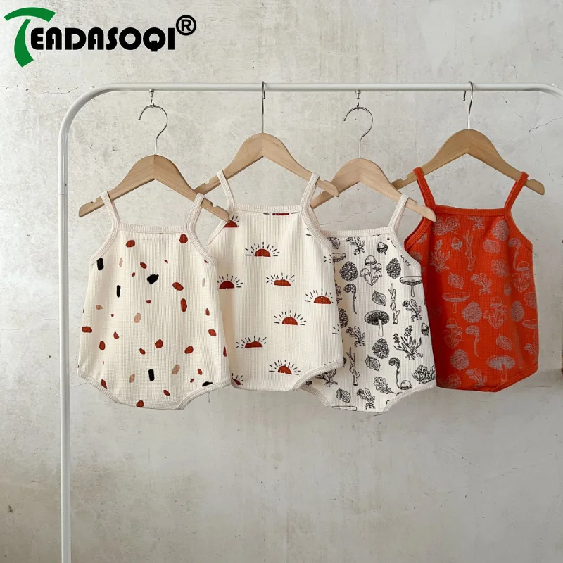 

0-3Y Newborn Baby Girls Boys Bodysuits 유아복 2024 Summer Sling Print Cotton Outdoor Clothing Infant Kids Overalls Outwear Rompers