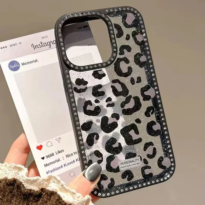 Double Sided Diamond Inlaid Frame Acrylic Hard Cover Leopard Print Plain Case for iPhone 17 Air 16 15 14 Plus 13 12 11 Pro Max 6