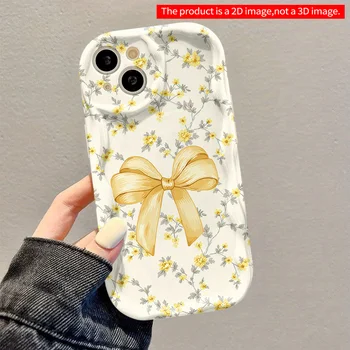 Gentle Milk Yellow Flower Bow Pattern Phone Case For iPhone 17 16 15 14 Pro Max 13 12 11 14 15 16 Plus 16E 17Air Wave Edge Cover 1
