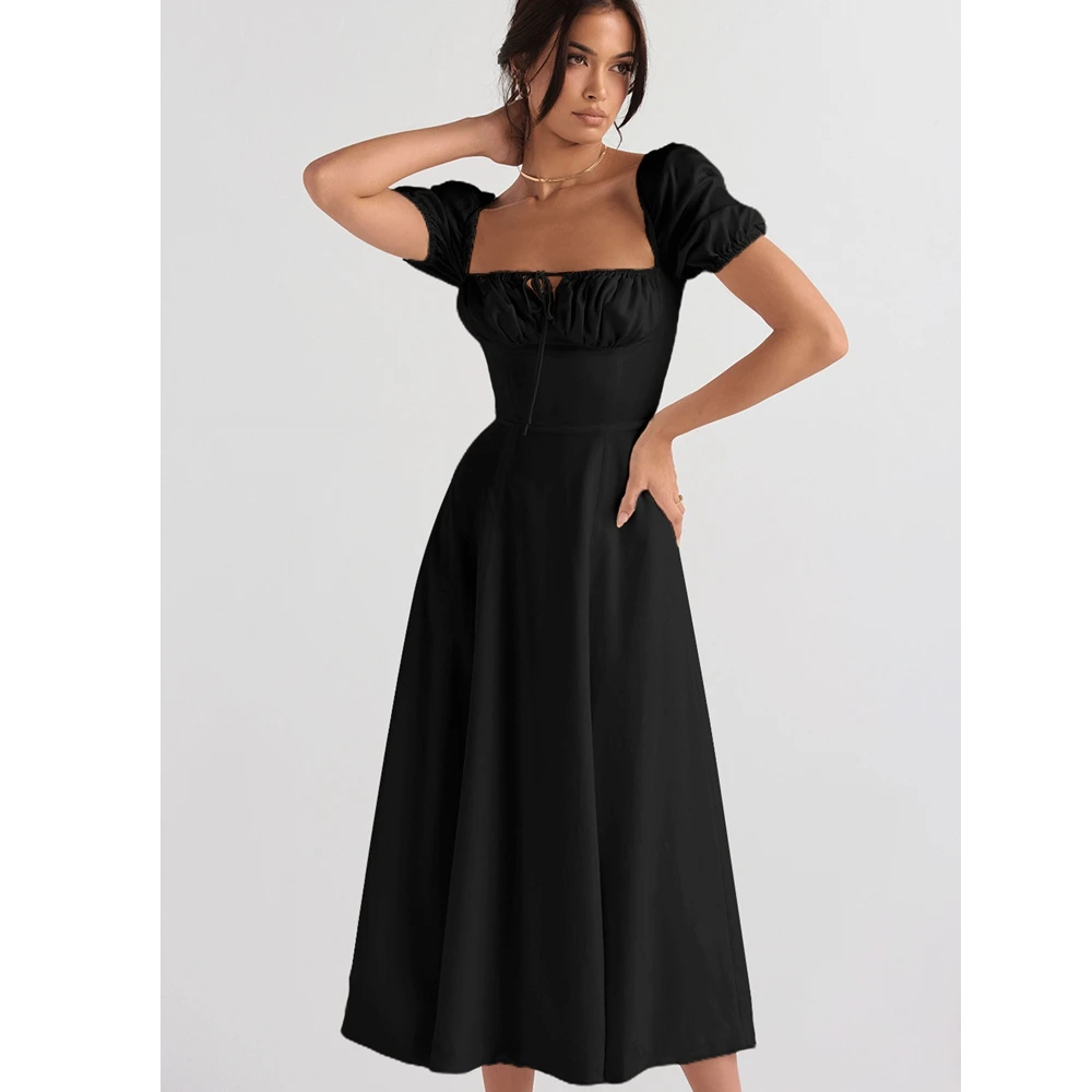 

Wepbel Puff Sleeve Lace-up Short Sleeve Dress Slimming 2023 Summer French Dress Women High Waist Elegant High Waist Sexy Dress
