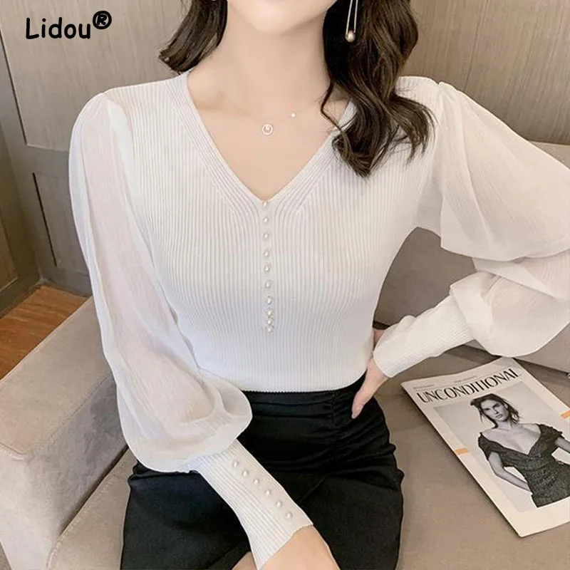 Women\'s Chiffon Splicing Knitted Pullovers, Office Lady Shirt, Women\'s Clothing, Chic T-Shirt, Tops, Summer, Autumn, 2024, New