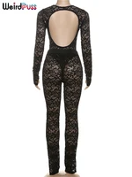 Weird Puss See Through 2 Piece Set Women Sexy  Hollow Jacquard Backless Bodysuit+Leggings Tight Activity Clubwear Skinny Outfits - Image 4
