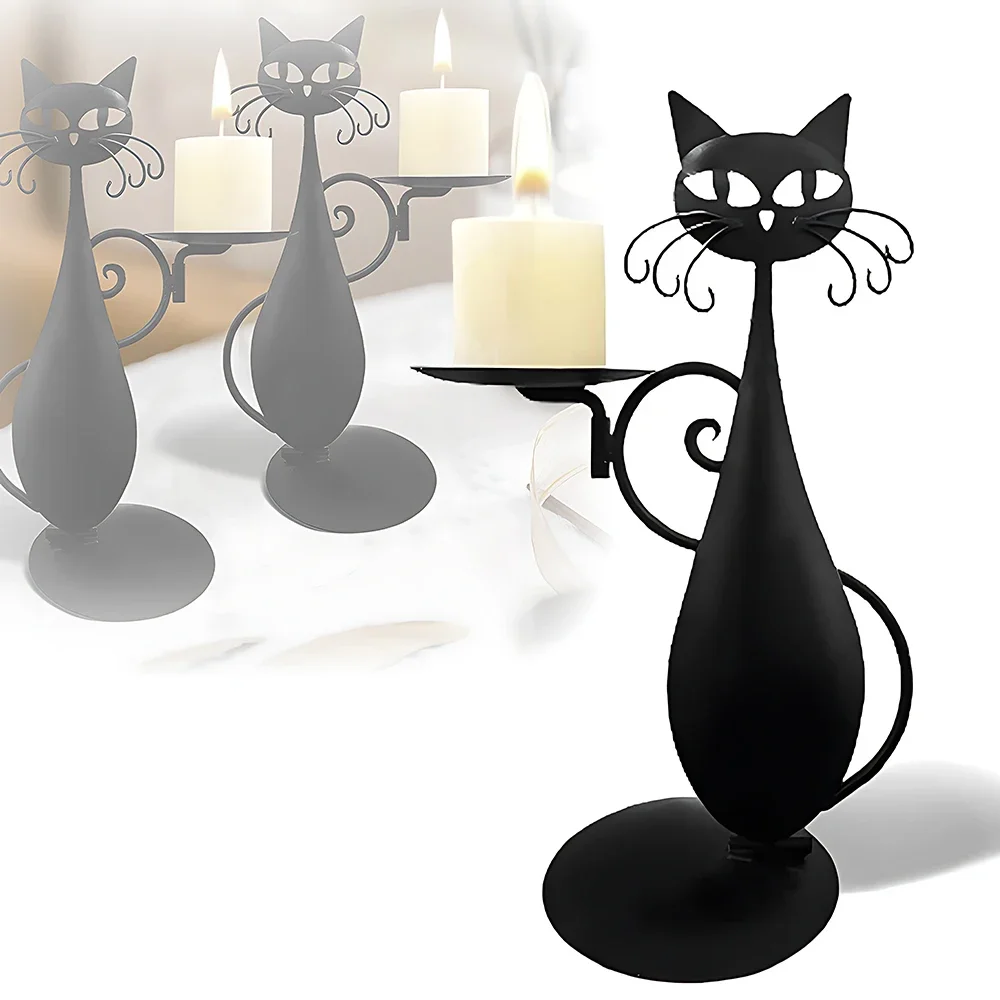 Black Cat Candlestick for Cylindrical/LED Flameless Candle Vintage Home Metal Decorative Candle Holder Table Decorations candle holders