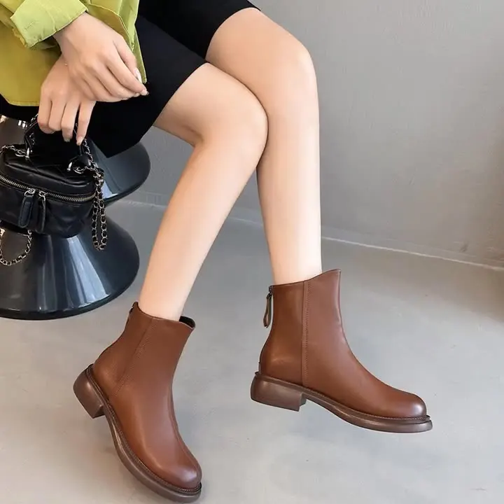 

Women's Leather Boots Shoes Round Toe Boots-Women Winter Footwear Flat Heel Zipper Luxury Designer Rubber Ankle Genuine 2023 Aut