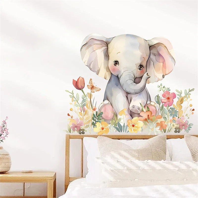 Watercolor Flowers Cartoon Elephant Wall Stickers for Children Room Kids Room Baby Bedroom Nursery Decoration Wall Decals Vinyl