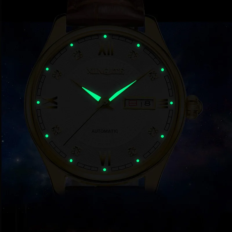 39MM Two Tone Mens Watch Automatic Mechanical Movement Male Clock Complete Calendar Luminous Wristwatch Leather Strap Watch