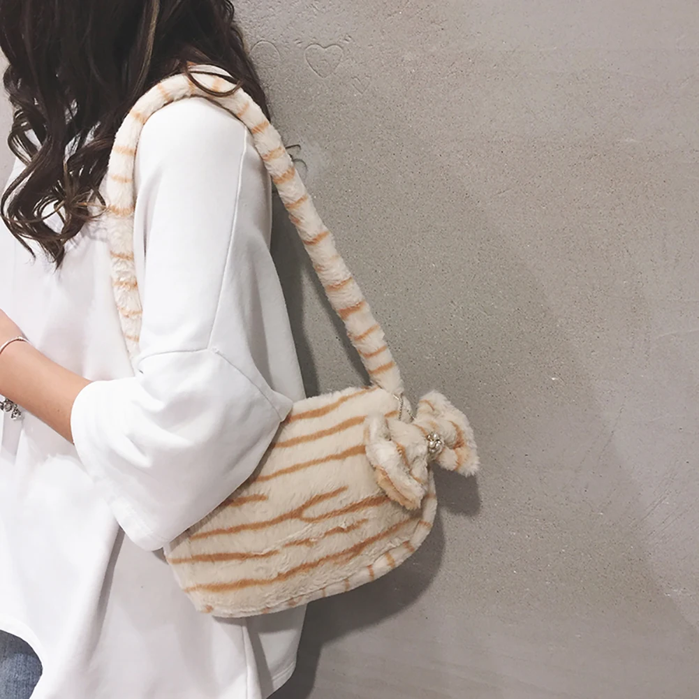 Sfb97e49a9c074f9b90dae9038fa965390 Women Plush Fur Stripe Top-handle Bag with Bow Winter Soft Fluffy Shoulder Bag Daily Small Stripe Design Coin Messenger Bags