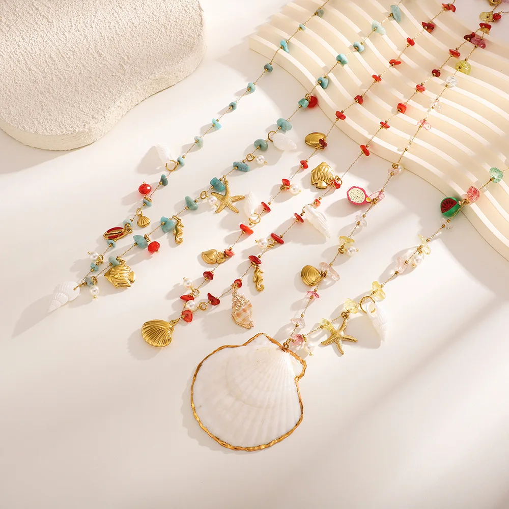 Oversize Shell Pendant Waist Belly Belt Chain 18K Gold Plated Waterproof Natural Stone Mini Conch Bikini Festival Rave Jewelry