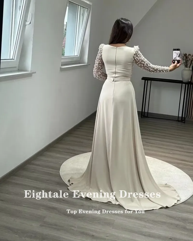 فستان سهرة عربي Eightale بلون الشمبانيا وأكمام طويلة مخصص من الساتان القابل للتمدد لحفلات الزفاف حورية البحر فيستدو دي نوش