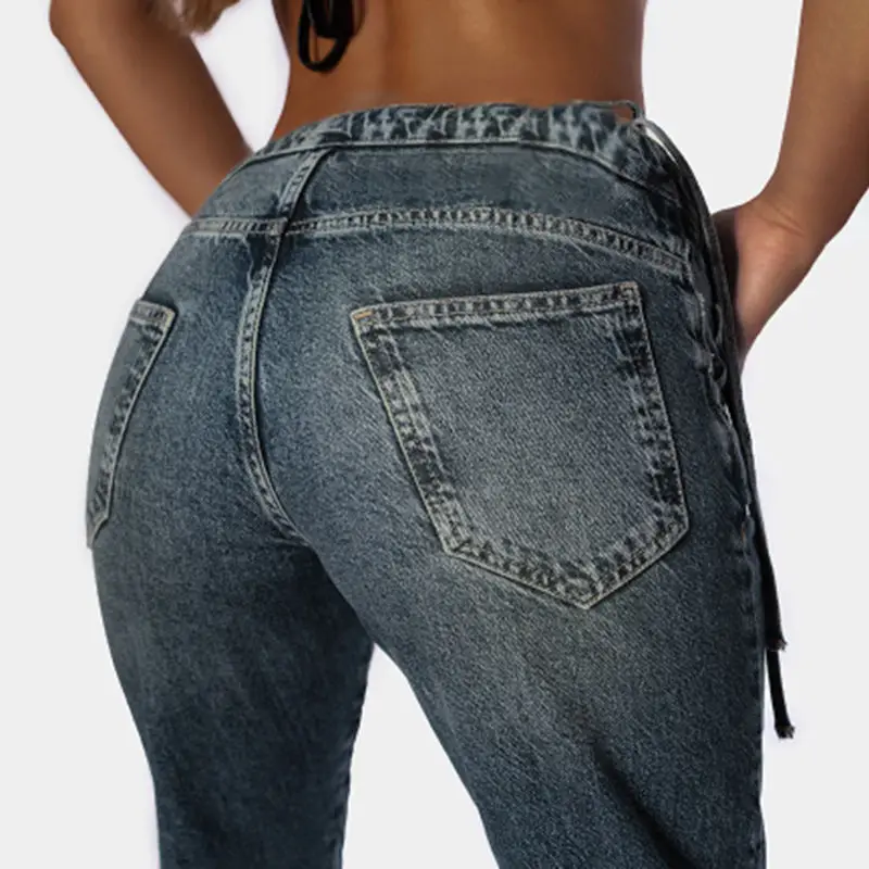 Jeans V Waist Lace Up Unique Splicing Fashionable Loose Denim Pants Streetwear Sexy Hot Girl Fashion Women Trousers