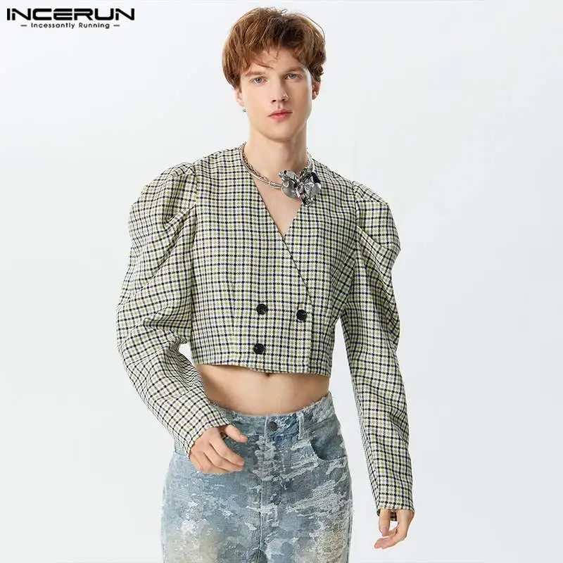 

INCERUN Tops 2023 Fashion Mens Leg Of Mutton Sleeve Double Breasted Blazer Male Loose Plaid V-neck Long Sleeved Suit Coats S-3XL