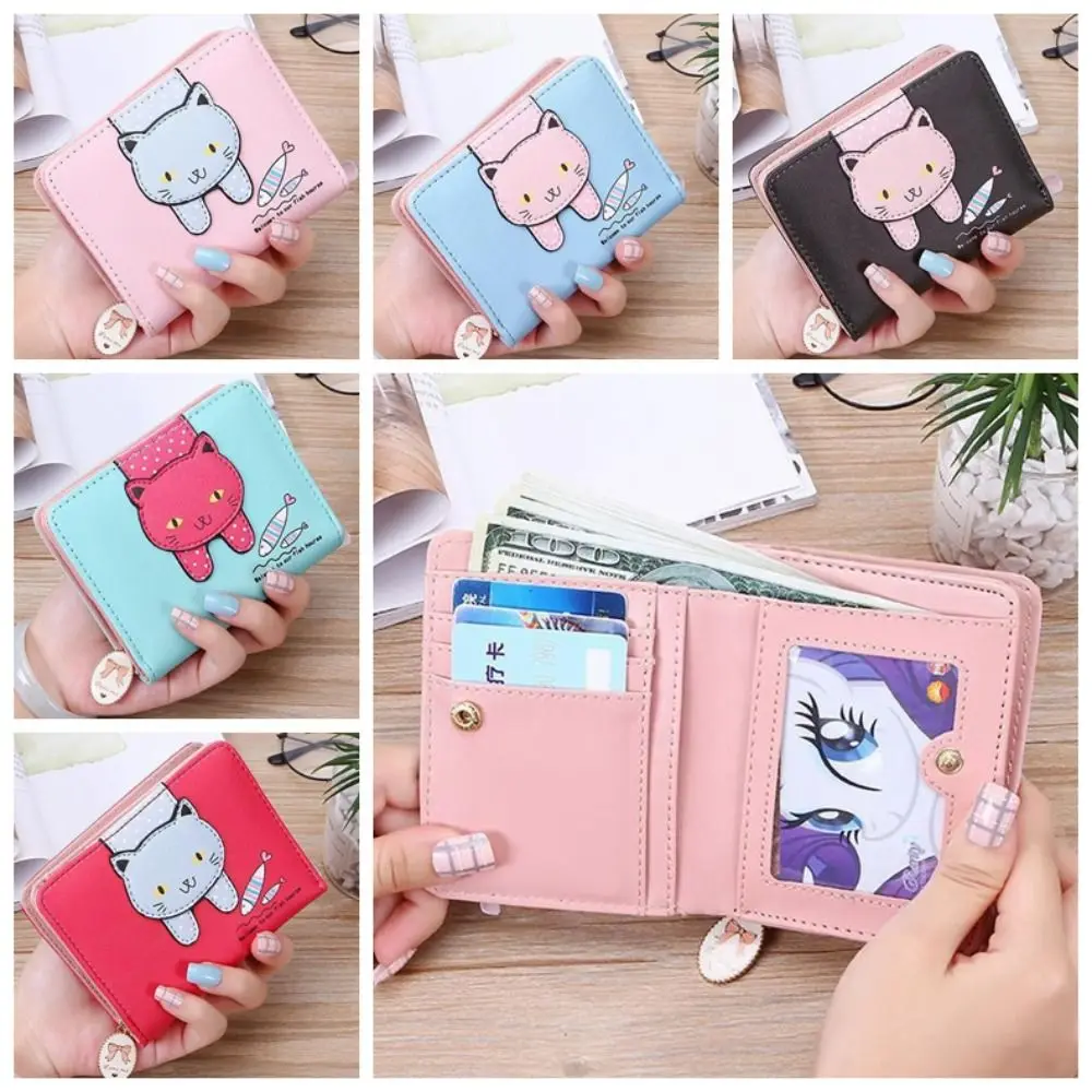 

Cat Catch Fish Pattern Folding Coin Purse Cute Pu Leather Printing Leather Wallet Coin Purse Short Wallet Card Holder Ladies