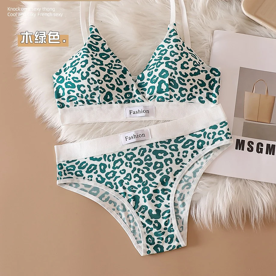 Women Lingerie Set Seamless Bra Set Low Waist Panties Leopard Bralette Vneck Sport Brassiere Female Cotton Underwear