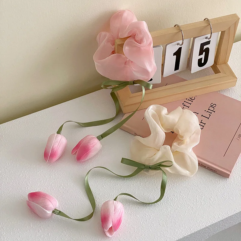 New Tulip Floral Hair Rope Hand Tied Hairband Bowknot Flower Tassels Hair Band Elegant Sweet Hair Accessories Hair Ring Headwear korean tulip series letters flower sticker diy hand painted simple mobile phone notebook labels decorative sticker stationery