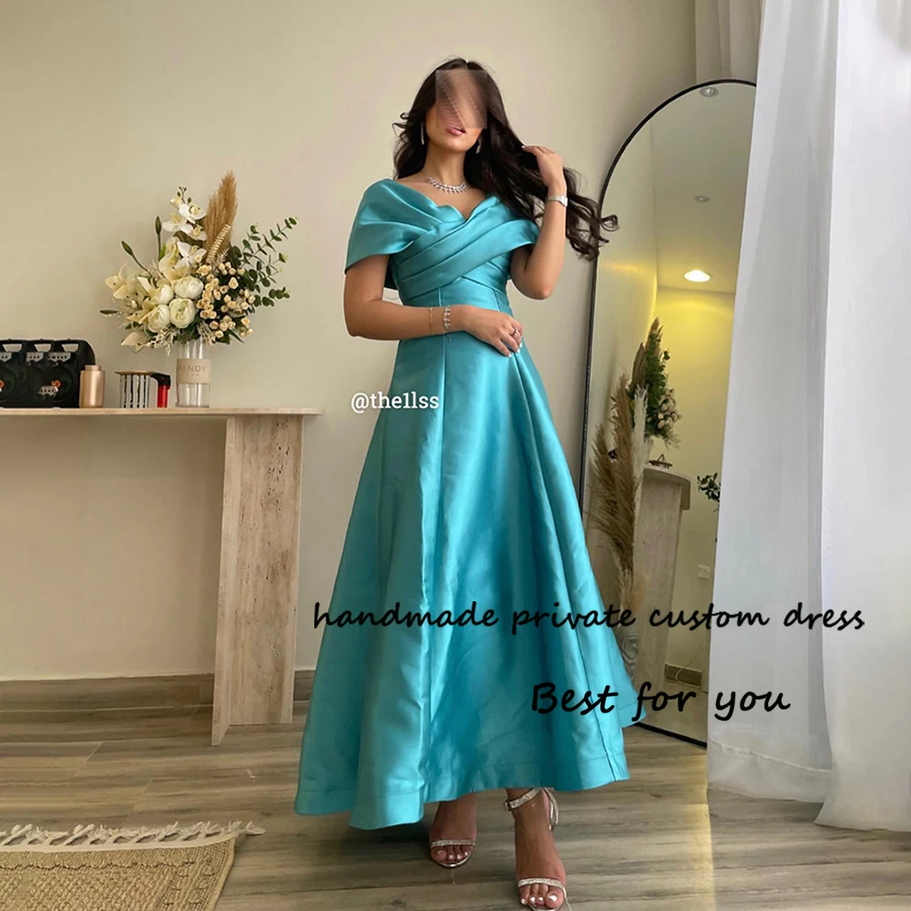 

Aqua Green Satin Evening Dresses Off Shoulder V Neck A Line Arabian Dubai Formal Prom Dress Ankle Length Evening Party Gowns