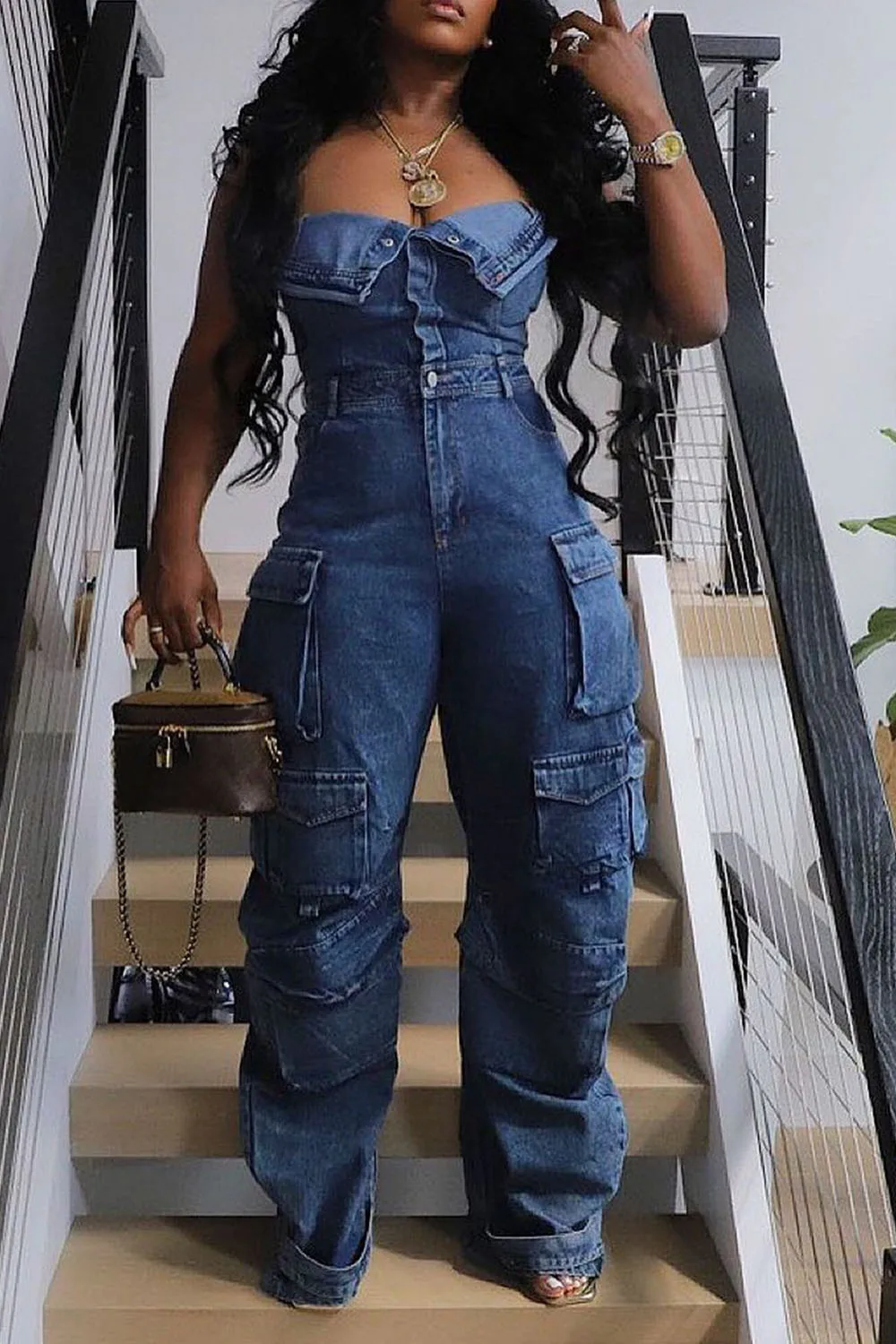 Plus Size Casual Jumpsuit Light Blue Denim Strapless Jumpsuit With Pocket