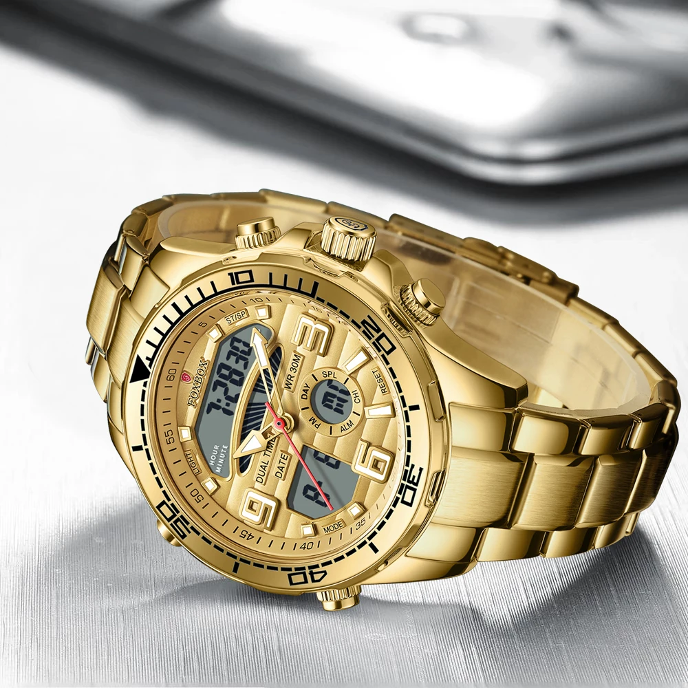 FOXBOX New Gold Quartz Watch For Men Top Brand Luxury Men Waterproof Watch Fashion Military Luminous Chronograph Reloj Hombre