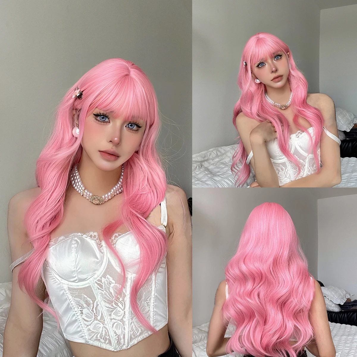Pink Cosplay Lolita Halloween Wigs Long Body Wavy Synthetic Wig with Bangs for White Women Party Hair Natural Heat Resistant