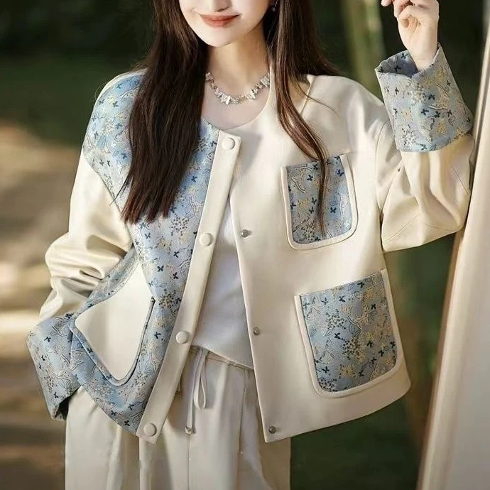 Jacquard Contrast Leather Jacket Women's 2024 Autumn Design Casual All-match Female Tops Fashion Casual Long Sleeve Coats 2