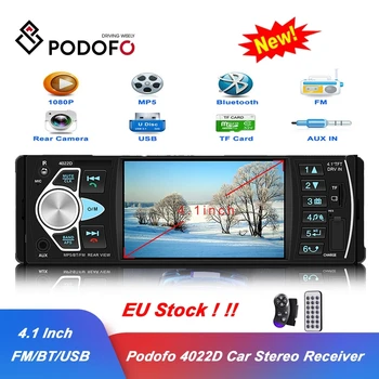 Podofo-4022D 자동차 라디오 1 Din 4.1 인치 오디오 스테레오 블루투스 FM 수신기, USB 지원 후방 카메라 및 스티어링 휠 제어