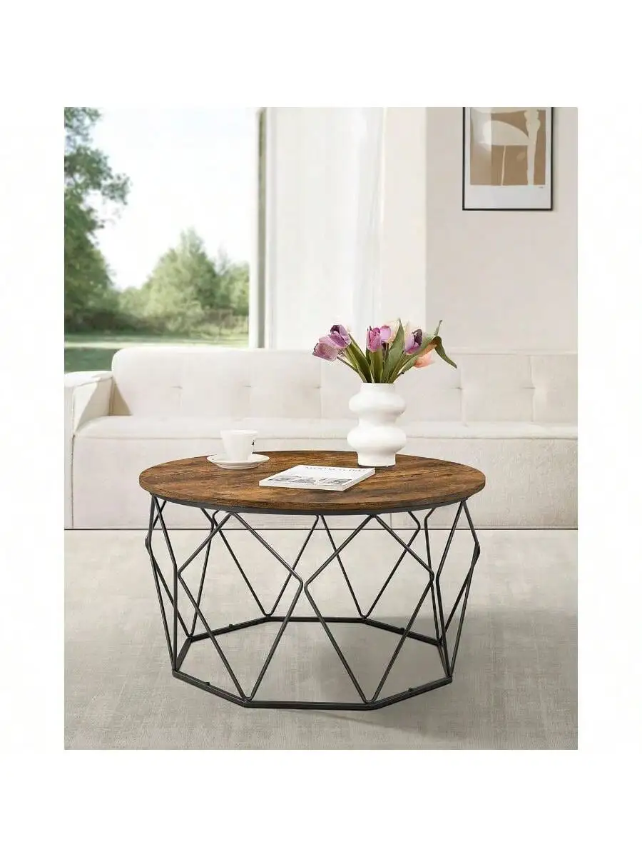 VASAGLE Round Coffee Table for Living Room, Cage Cocktail Table with Steel Frame, 31.5 Inches Dia., Industrial Style 2