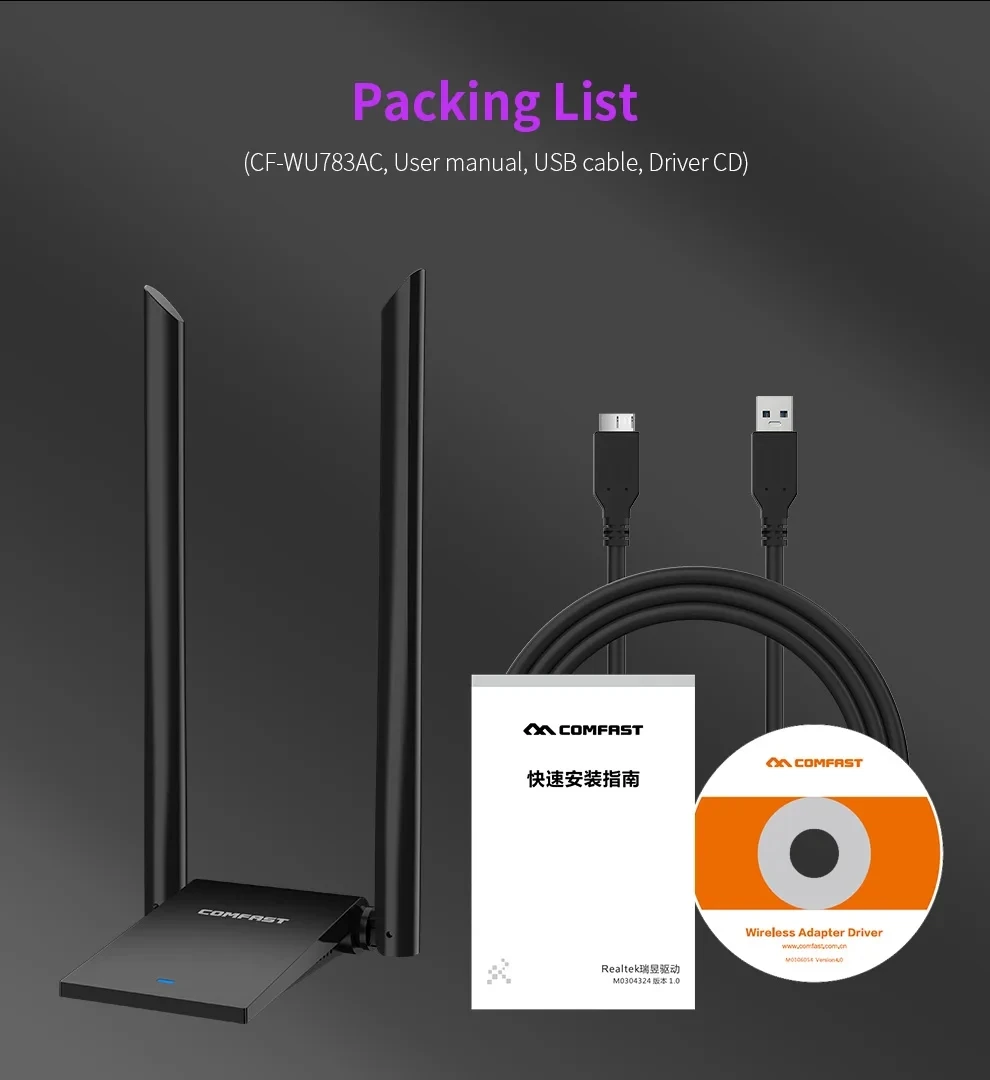 Comfast USB WiFi 어댑터 데스크탑 노트북 용 2.4G/5GHz USB 네트워크 카드 무선 수신기 용 1900Mbps 장거리 2*6dBi 안테나