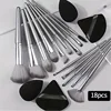 14-Piece Silver Professional Makeup Brush Set | Includes 2 Plush Velvet Puffs + 2 Blending Sponges | Vegan Cruelty-Free Brush Co
