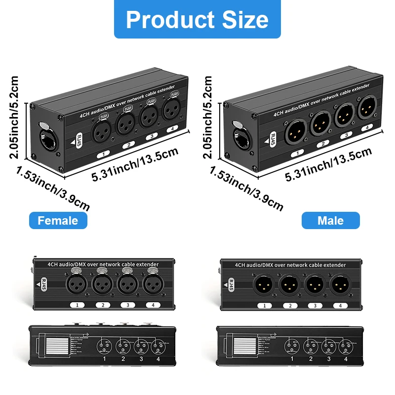네트워크 케이블을 통한 4채널 오디오 및 DMX512 연장기, 라이브 사운드 및 무대 조명용 XLR 밸런스드 오디오