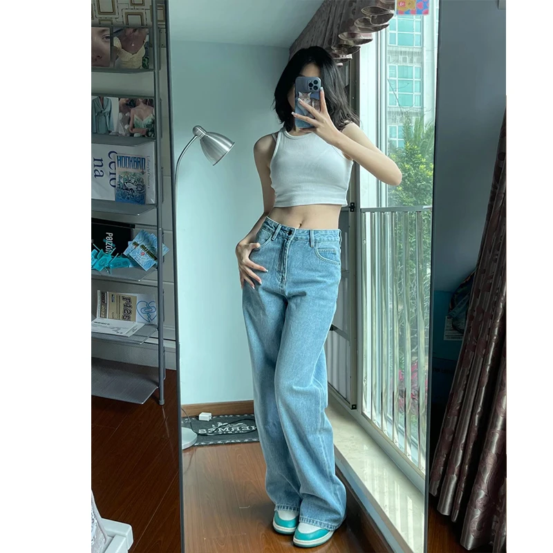 

Женские свободные джинсы с широкими штанинами, однотонные джинсовые брюки с высокой талией на весну и осень, повседневные брюки, уличная мода, длинные брюки G200