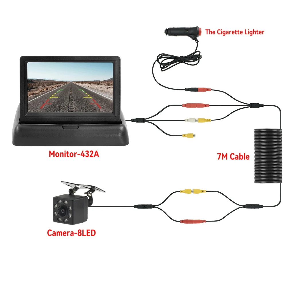 Car Display Monitor 4.3 TFT LCD HD Screen with Rear View Camera 8 LED Backup for Vehicle Parking