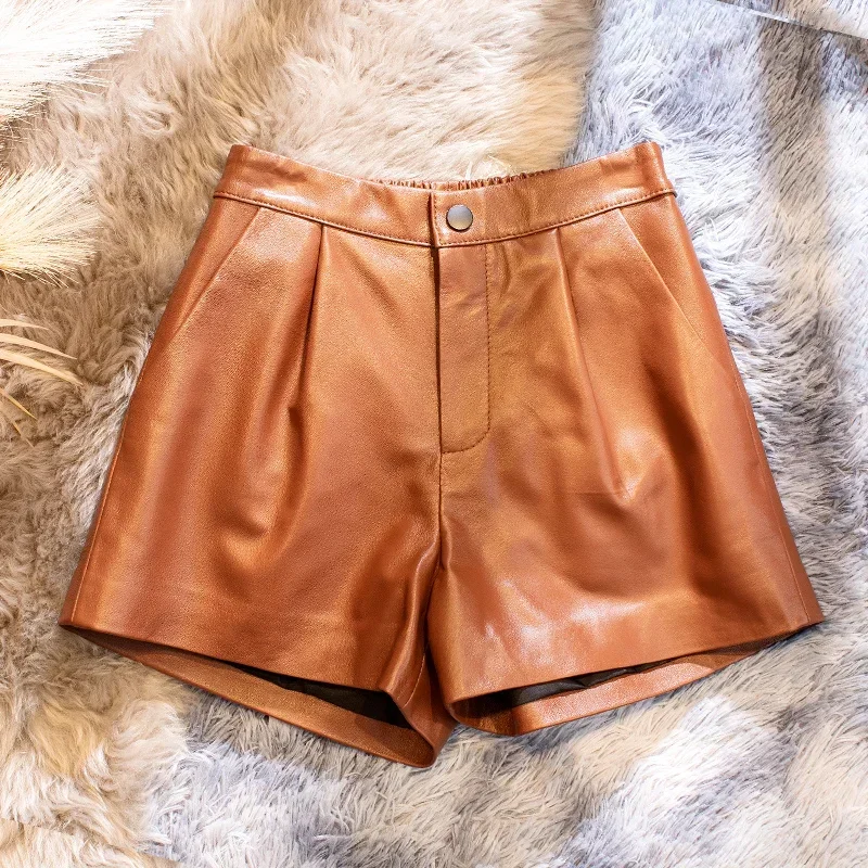 Real Sheepskin Leather Shorts Women 2024 Korean Fashion High Wasit