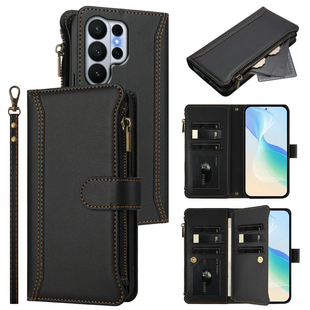 Crossbody Zipper Leather Wallet 9-Card Case with Enhanced Protection