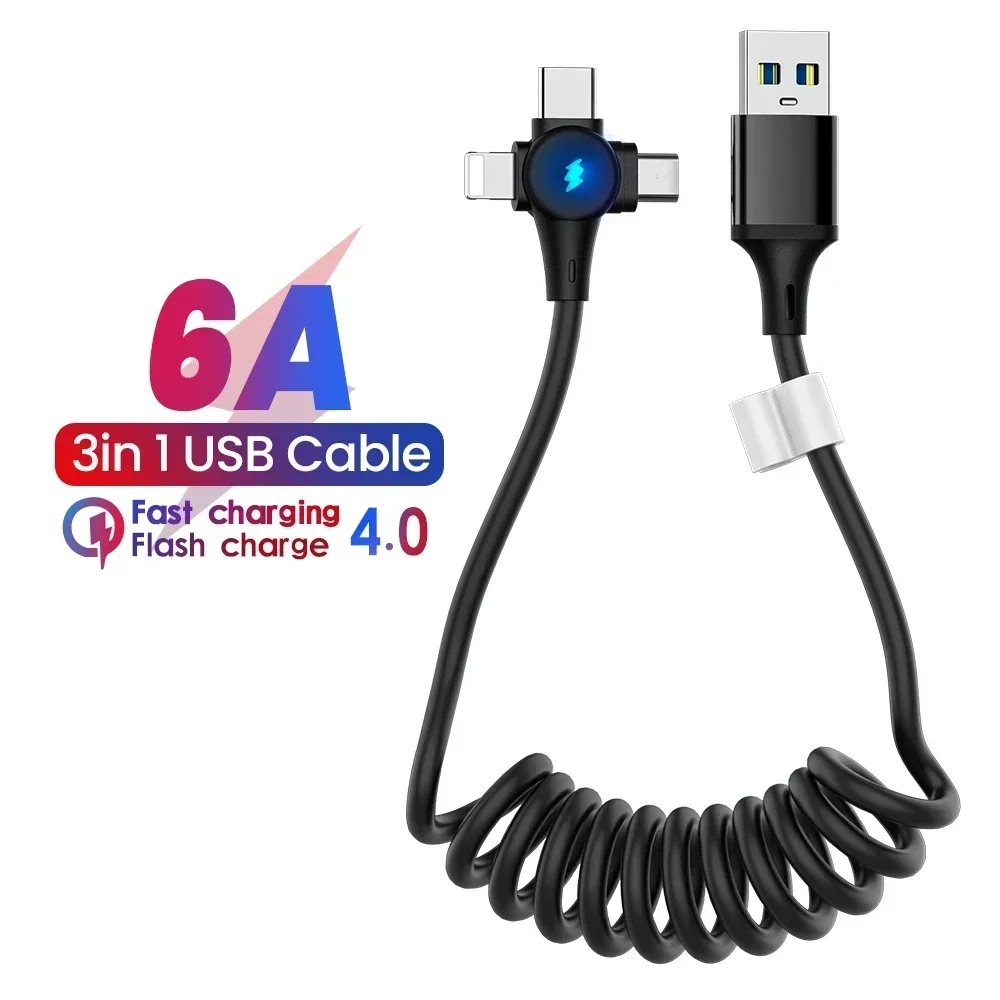 6A 3 in1 0.65M Spring Cable for Huawei Xiaomi Sansung Micro 8 Pin Type-C Fast Charger for iPhone Retractable USB Data Cable Cord
