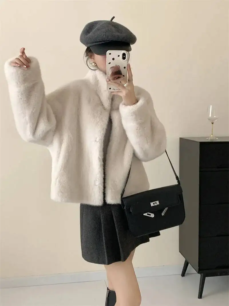 LANMREM Eco-friendly Mink Fur Windproof Stand Collar Faux Mink Coat For Women Warm Winter Thick Jackets With Pockets 2DB5167